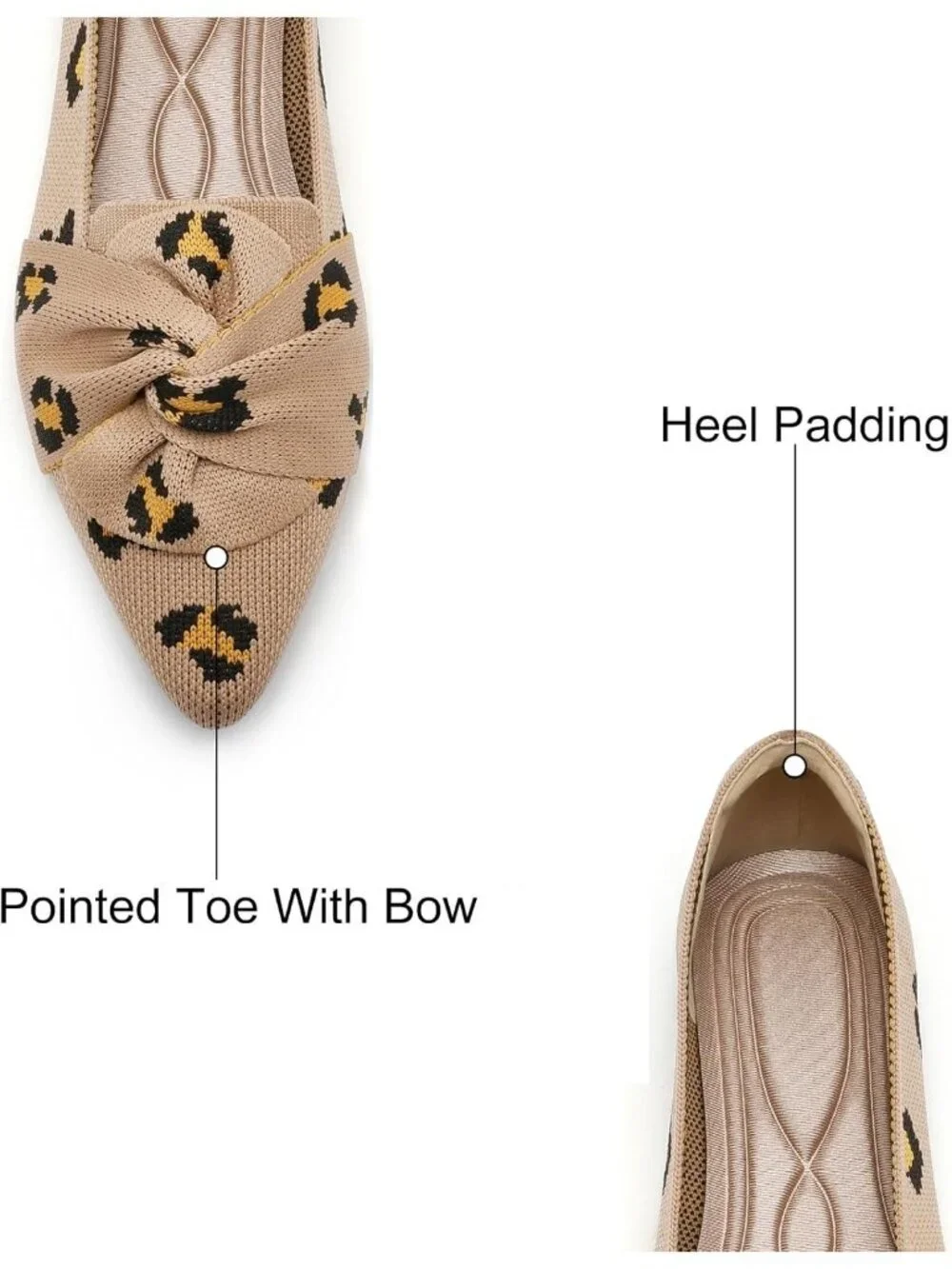 Women's Leopard Pointed Toe Ballet Flats with Bow Comfortable Knit Dressy Shoes